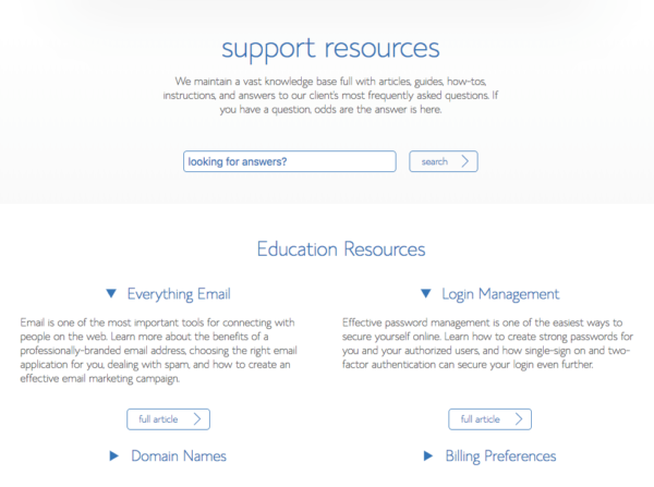 Bluehost's knowledge base homepage 