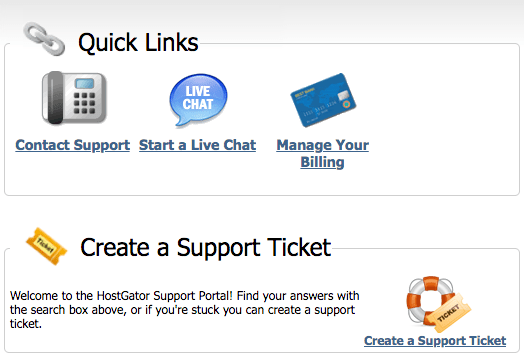 Screenshot from HostGator's support center homepage