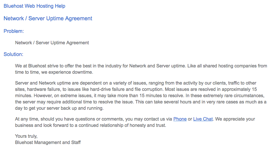 Bluehost uptime agreement text