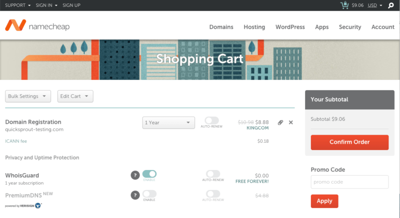 Namecheap final checkout scree with free WhoisGuard