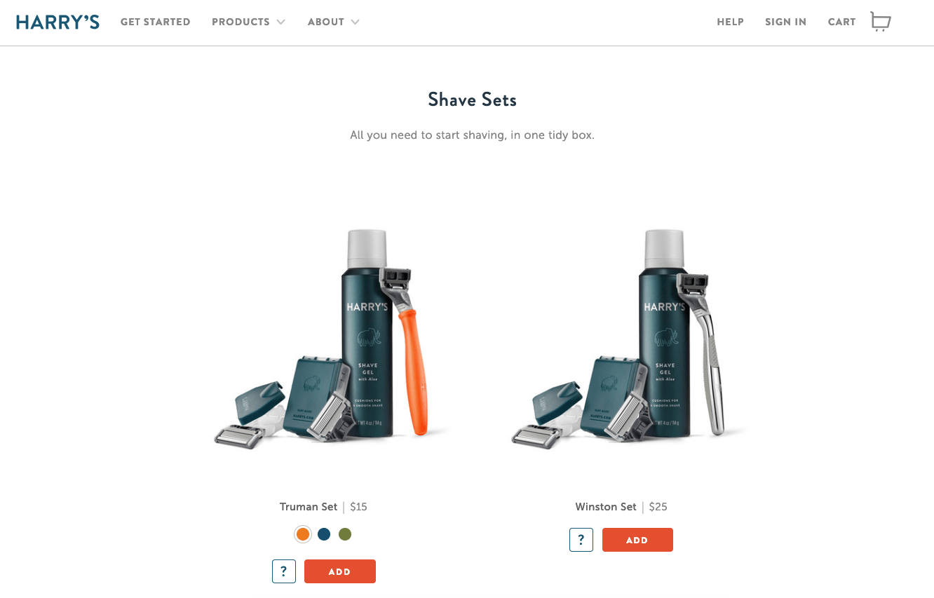 Harry's product page is clean with minimal text. Images of the shaving products convey information.