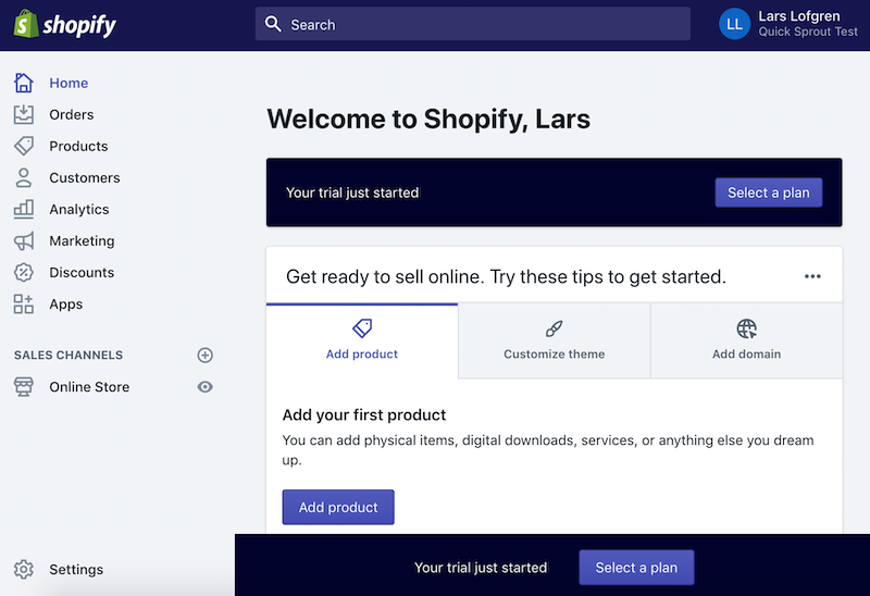 Shopify add first product online store backend 2