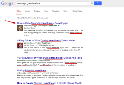 google search results for creating a great headline