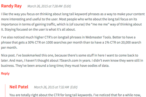 Example comment from Randy Ray with Neil Patel response