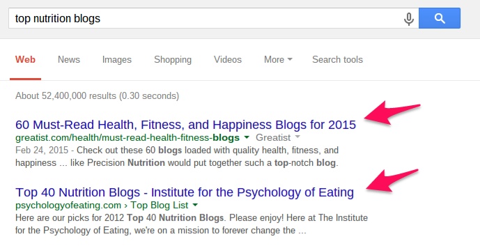Example of Google search results on top nutrition blogs.