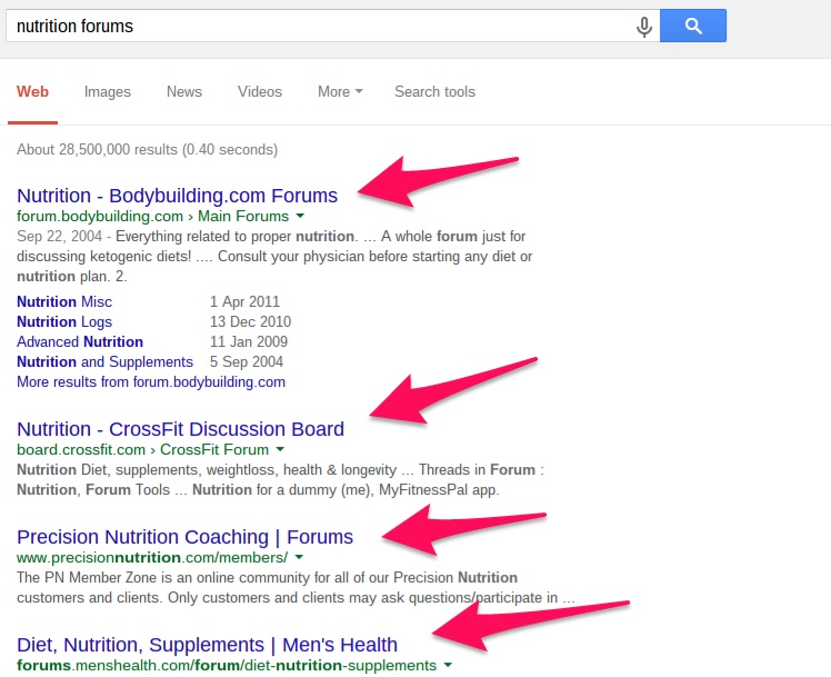 Google search results for nutrition forums.