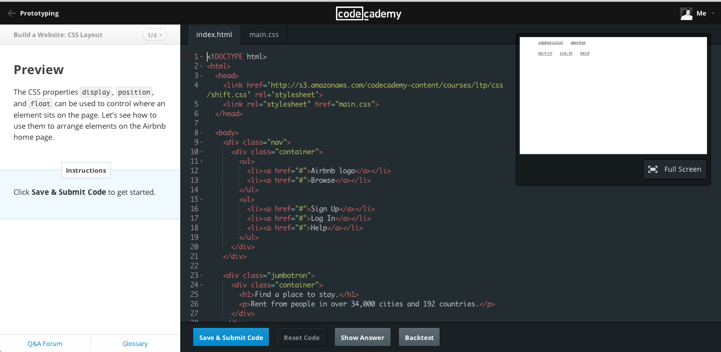 Screenshot of Codeacademy coding learning interface.
