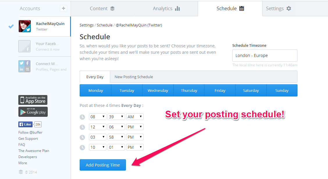 Buffer scheduling tool for Twitter tweet posting example.