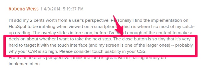 Example of a comment citing the difficulty of finding and clicking the close button.