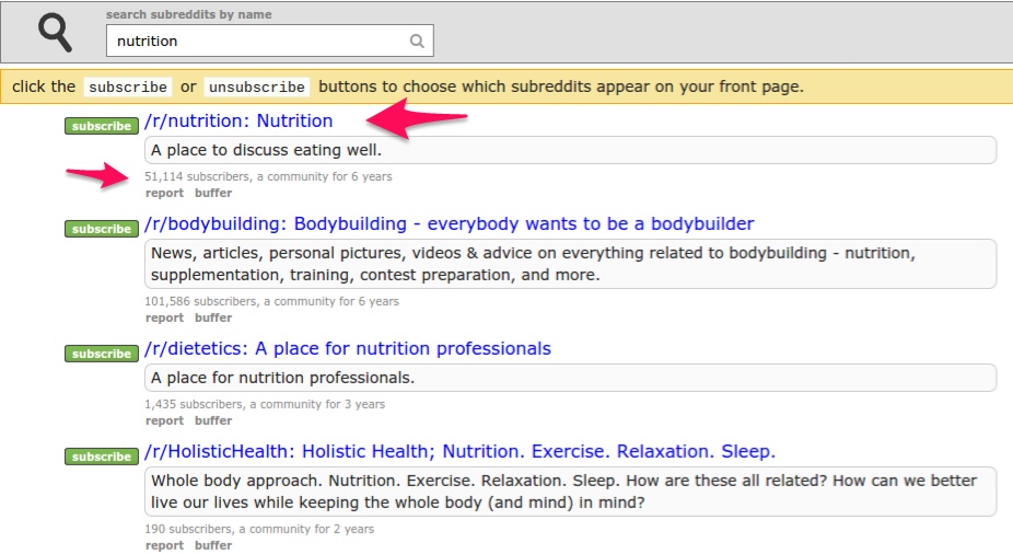 Example subreddit search for nutrition with results.
