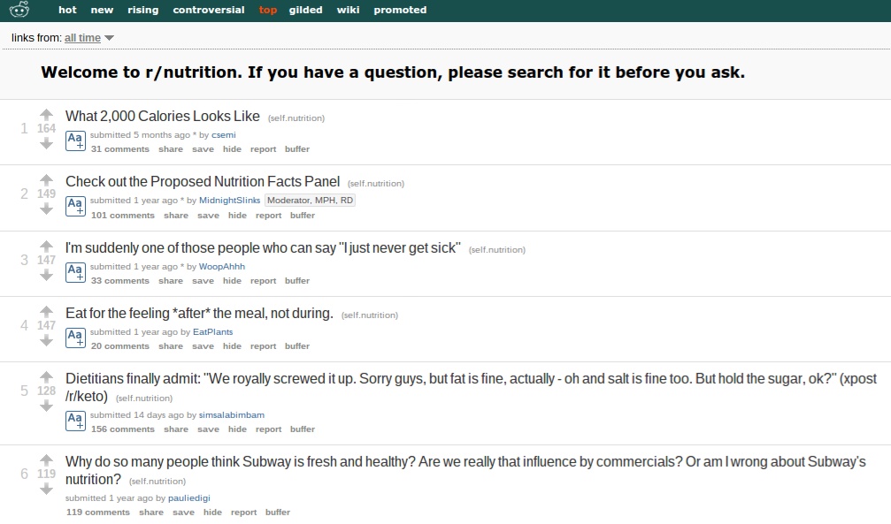 Example of reddit nutrition search.