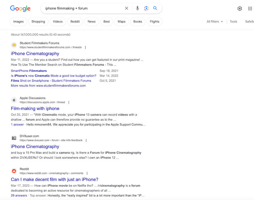 Google search results for iphone filmmaking + forum