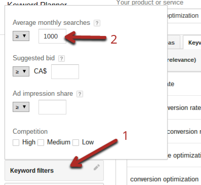 Adwords Keyword Planner tool keyword filters example