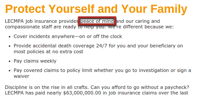 Advertisement and use of peace of mind example.