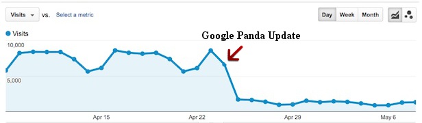 Screenshot of when we had a Panda update highlighting the instant reduction in traffic.