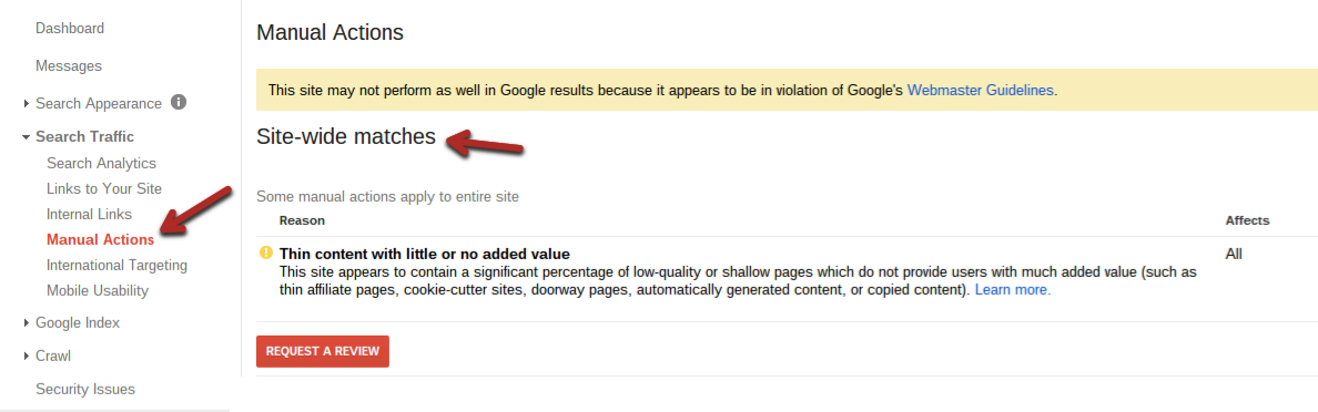 Google manual actions: site-wide matches