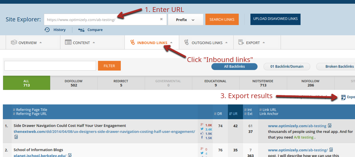 Ahrefs full backlink profile for each URL searched example