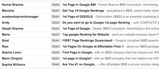 Screenshot of email inbox with generic SEO service offers from freelancers and agencies.