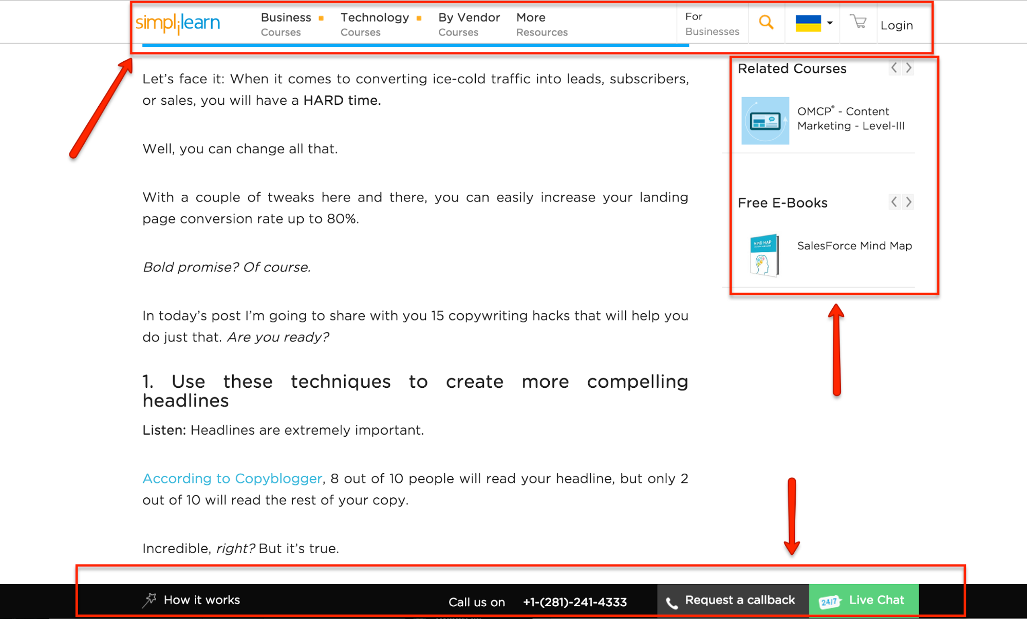 Screenshot of simplilearn website highlighting layout points.