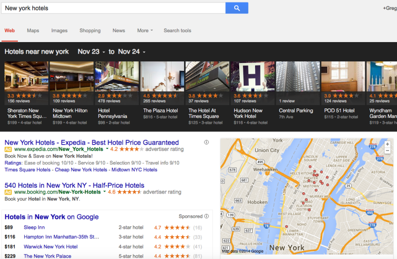 New York hotels Google search results.