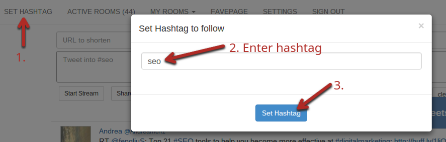 Twitter set hashtag to follow function.
