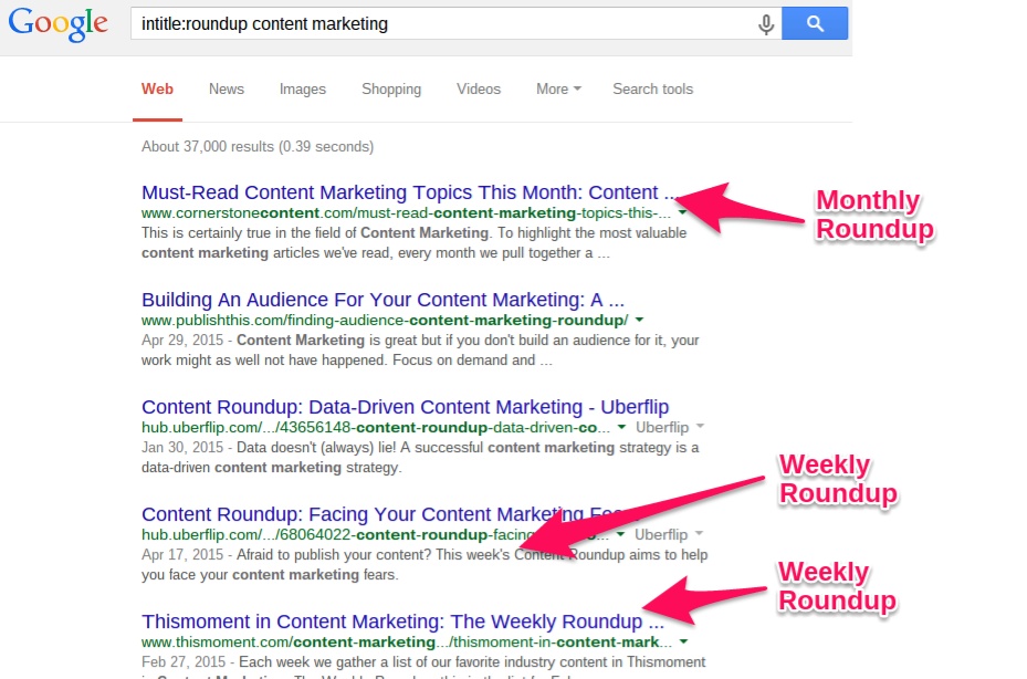 Google search results for an intitle search of roundup content marketing