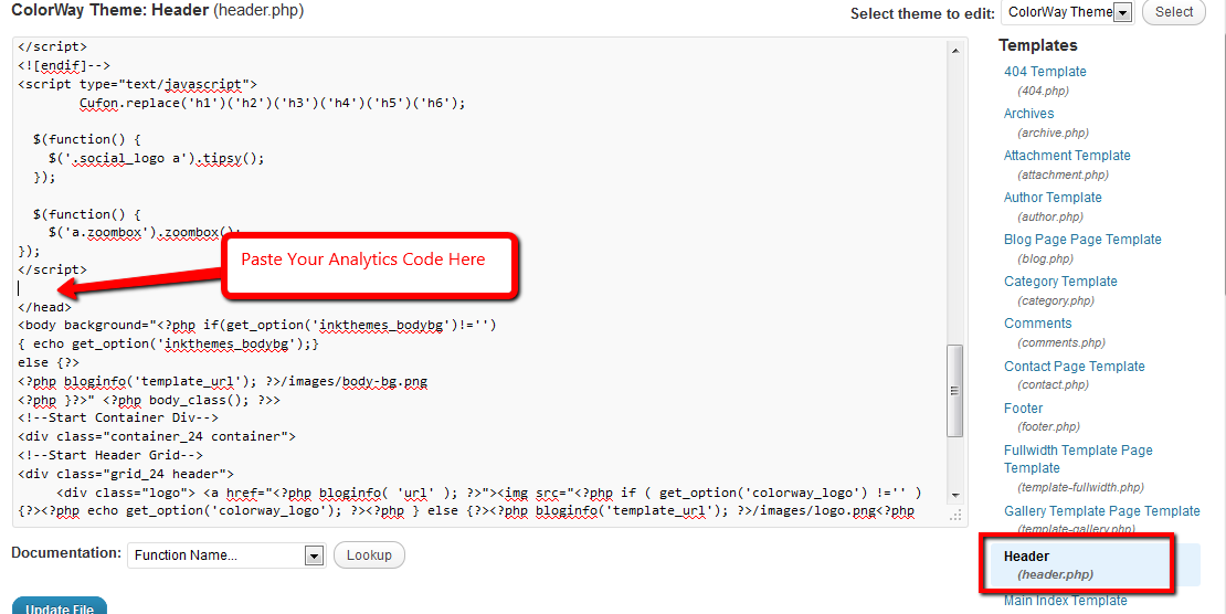 paste Google Analytics code right into your header.php file example