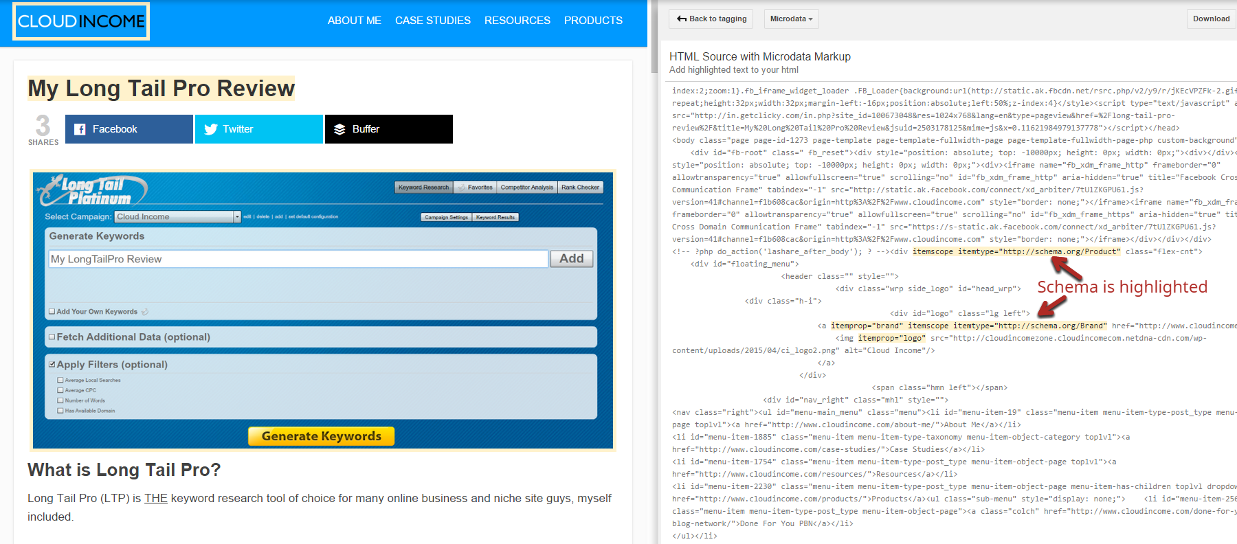 Image highlighting the new source code with added schema HTML in yellow. 