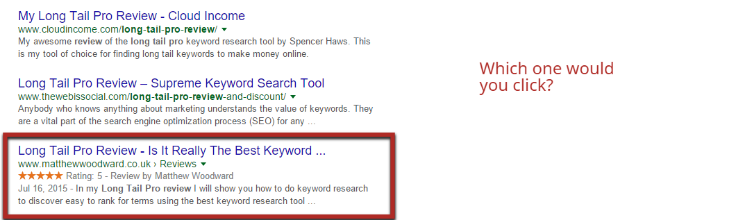 Image of a Google search for the term review and the resulting rich snippet result shown.