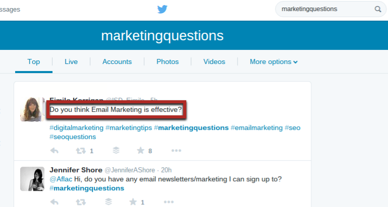 example of hashtag search for marketingquestions