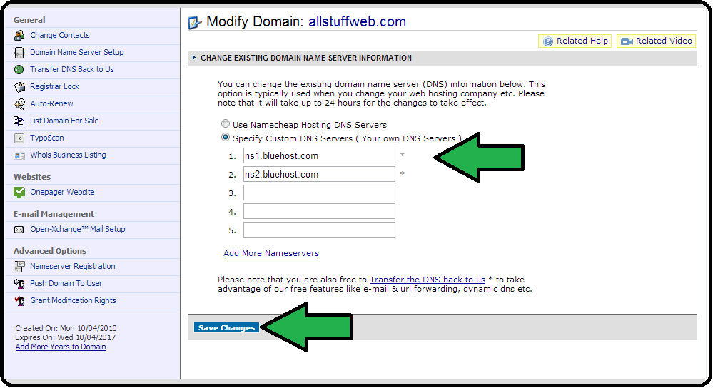 Modify domain custom DNS servers example