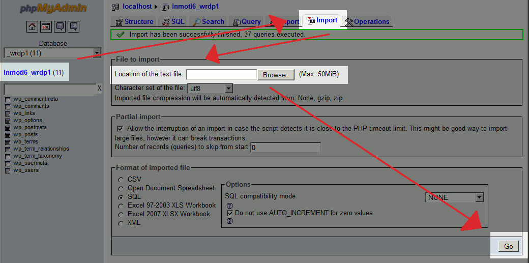 import all tables through browse function and click go example