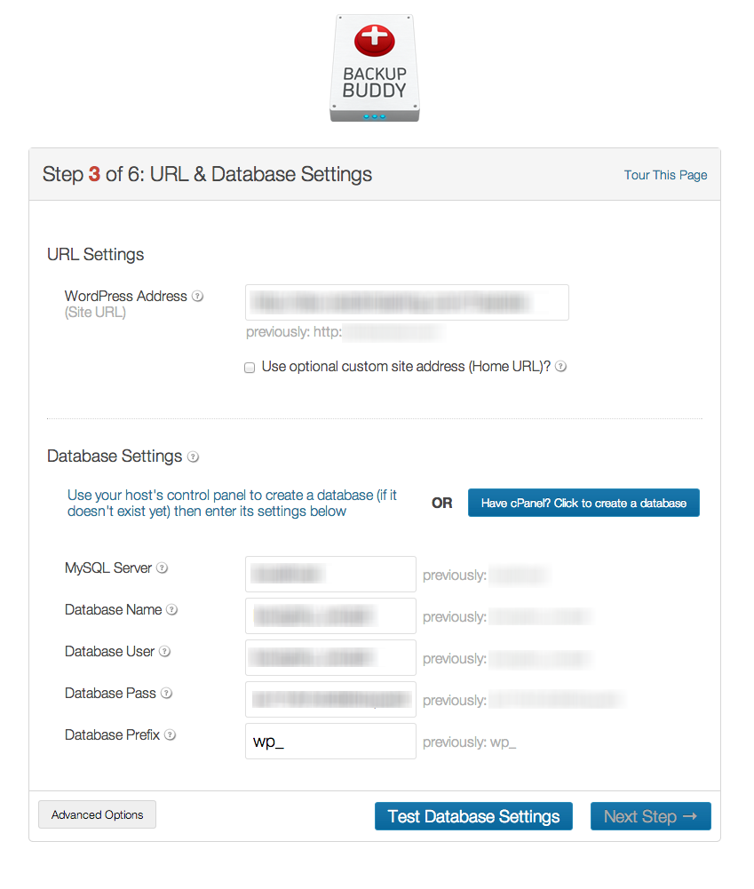 URL and database settings example