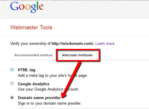 Google webmaster tools - alternate methods - domain name provider example