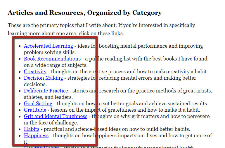 Example of articles linked into an email organized by category.
