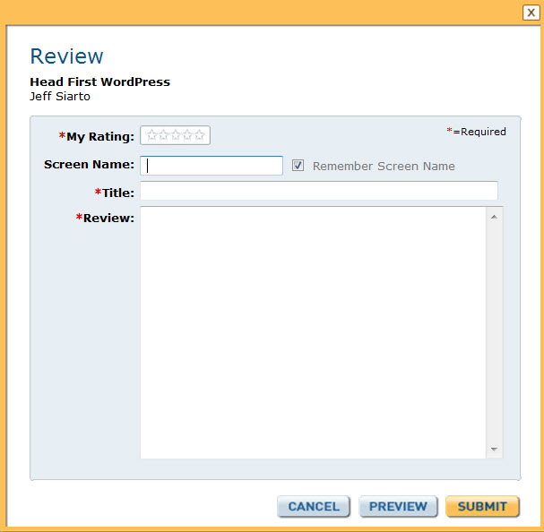 Example of customer review form with specific text boxes serving to narrow-down and specific review. 