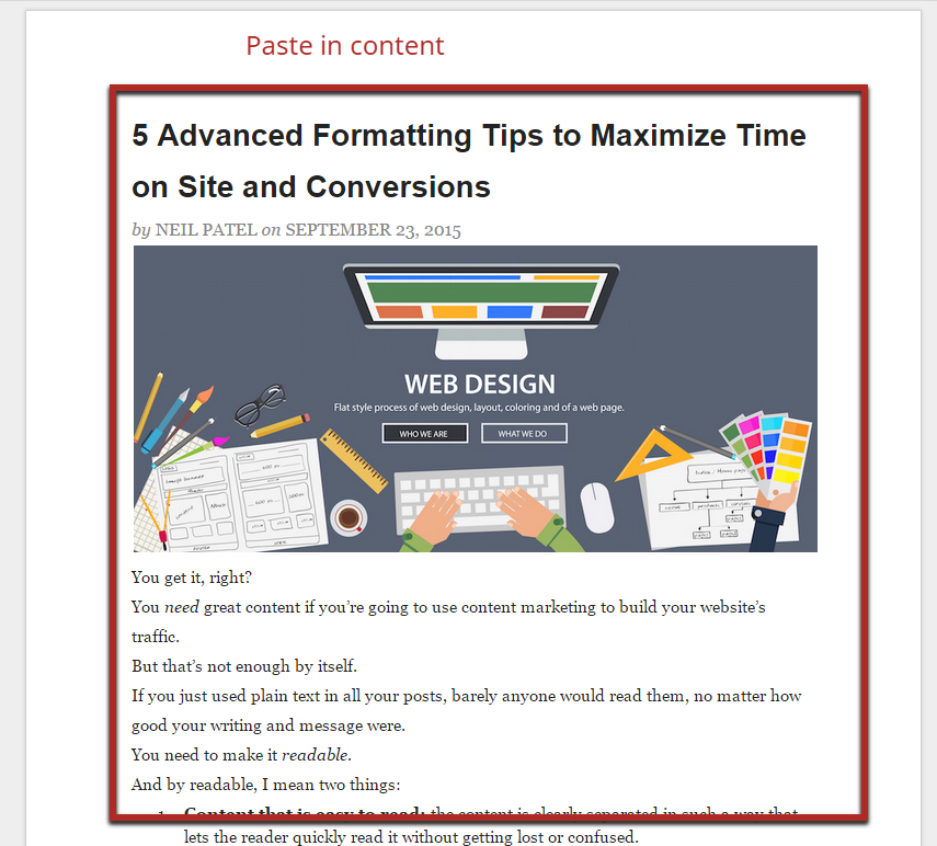 Paste in content example.