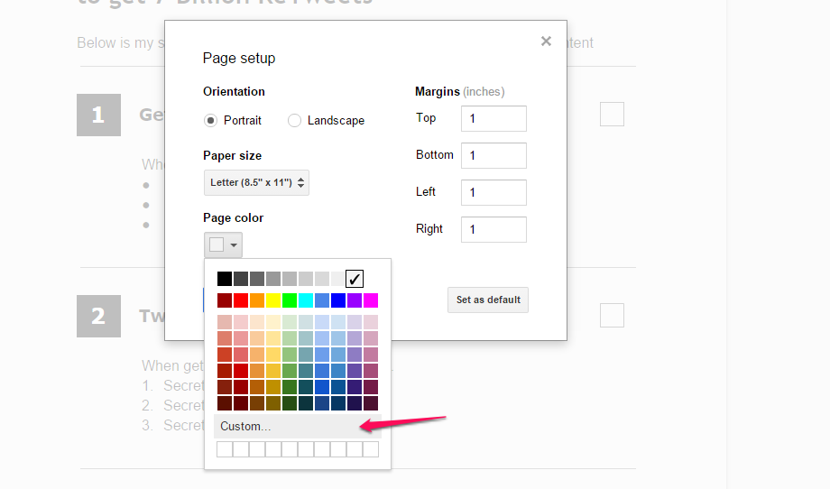 Page setup function example.