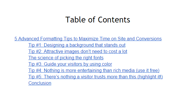 Table of Contents example.