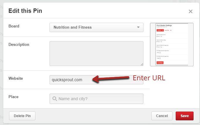Edit website URL feature on Pinterest.