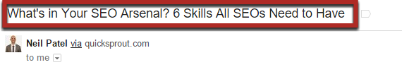 Email Article example by Neil Patel "what's in your SEO arsenal? 6 skills all SEOs need to have.