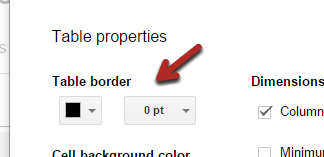 Table properties - table border function example.