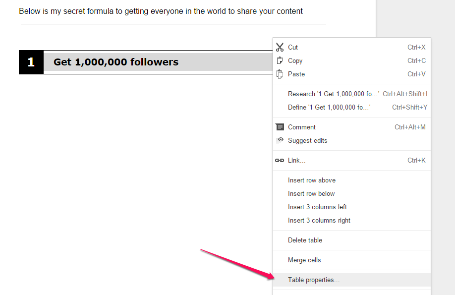 Google Docs Table Properties function example.