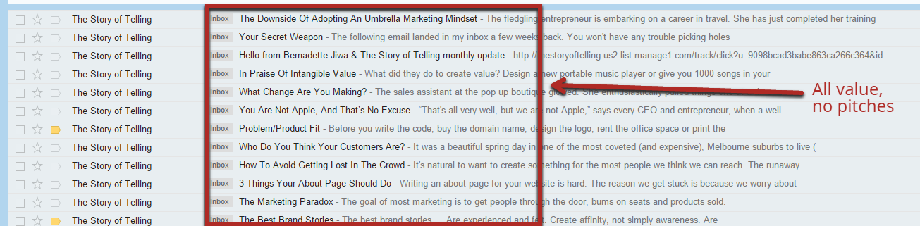 Email subject examples of all value no pitches.