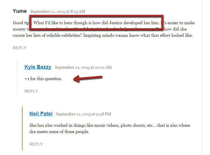 Example of comments section and site owner response.