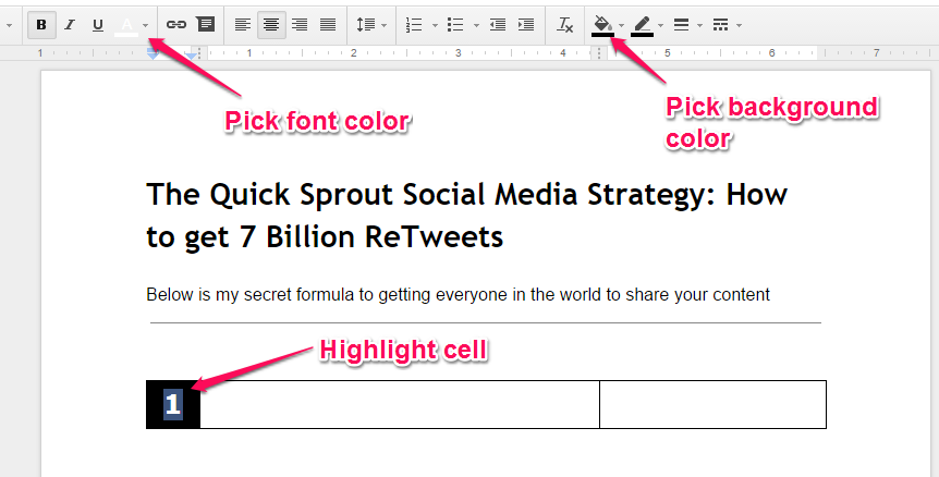 Google Docs pick font color, pick background color, highlight cell functions example.