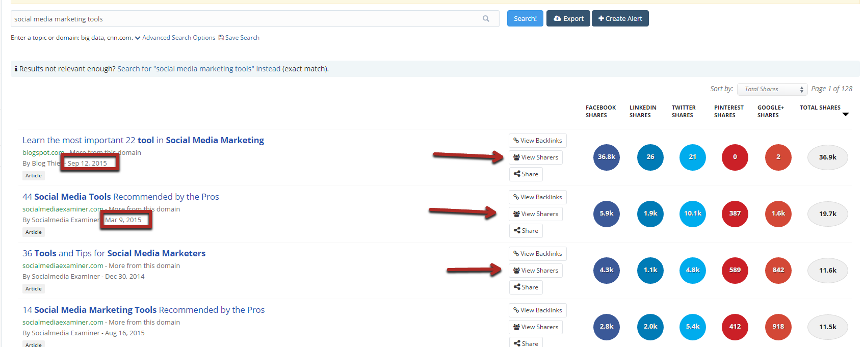 BuzzSumo top content tool example.