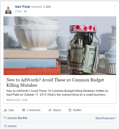 Example 2 of a post by Neil Patel on Facebook