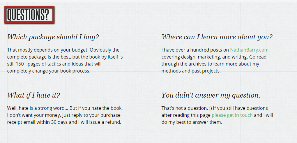 Example of Nathan Barry displaying FAQs on a product landing page,.
