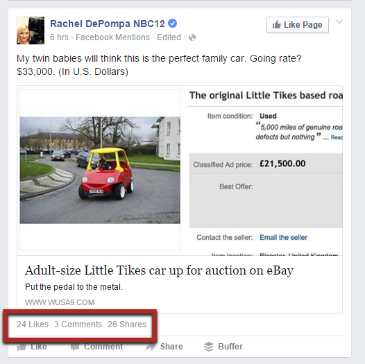 Facebook post showing how many likes, comments, and shares it has received.